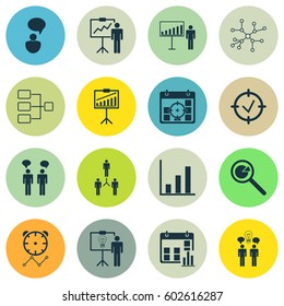 Set Of 16 Executive Icons. Includes Opinion Analysis, Group Organization, Approved Target And Other Symbols. Beautiful Design Elements.