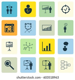 Set Of 16 Executive Icons. Includes Co-Working, Reminder, Approved Target And Other Symbols. Beautiful Design Elements.