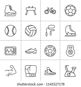 Set of 16 exercise outline icons such as football, ice skates, heart beat monitor, boxing glove, ice skating, baseball, sneakers, bicycle, vaulting horse, exercise bike