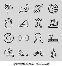set of 16 exercise outline icons such as child bicycle, treadmill, muscle, squat, abdoninal workout, running, barbell, volleyball, kettle bell