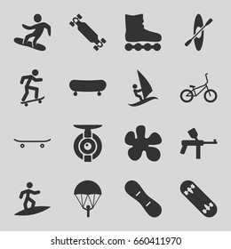 Set of 16 extreme filled icons such as snowboard, skateboard, skate board, bicycle, rowing, surfing, spy camera, paintball