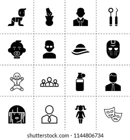 Set of 16 face filled and outline icons such as businessman, man, snowman, baby, woman, girl, dentist tools, sport mask, spray, women hat, businessmen group, theatre mask
