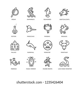 Set Of 16 Fairy Tale linear icons such as Loch ness monster, Madre monte, Magic mirror, Merman, Minotaur, Spear, Potion, Palace, Phoenix, editable stroke icon pack, pixel perfect