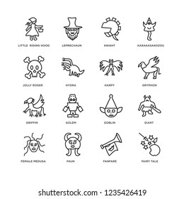 Set Of 16 Fairy Tale linear icons such as tale, Fanfare, Faun, female Medusa, Giant, Little  riding hood, Jolly roger, Griffin, Harpy, editable stroke icon pack, pixel perfect