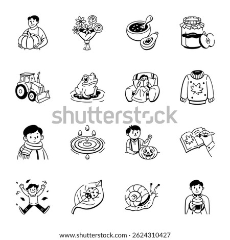 Set of 16 Fall Season Doodle Style Icons 
