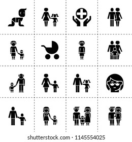 Set of 16 family filled icons such as husband and wife, family, grandmother, grandmother and granson, baby, couple, medical care