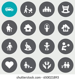 Set Of 16 Family Icons Set.Collection Of Father With Son, House, Family In Home And Other Elements.