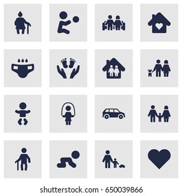Set Of 16 Family Icons Set.Collection Of House, Family In Home, Creep Baby And Other Elements.