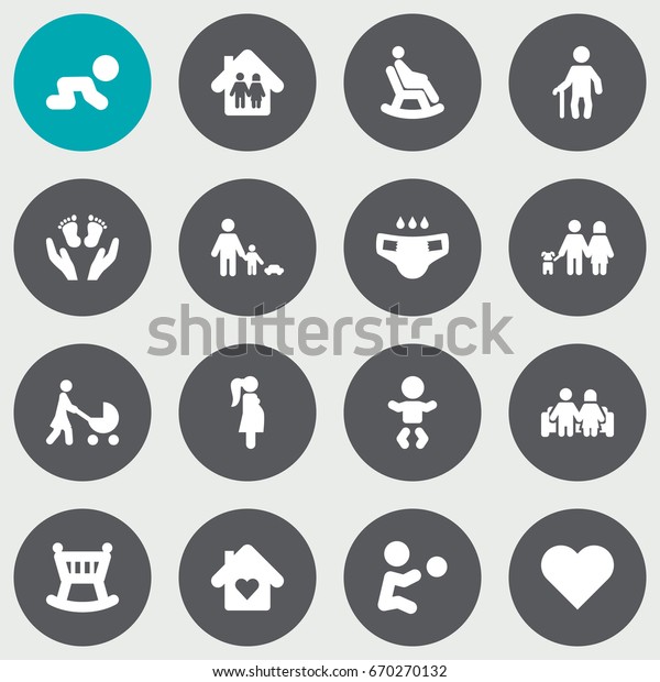 Set Of 16 Family Icons\
Set.Collection Of Married, Look After, Perambulator And Other\
Elements.