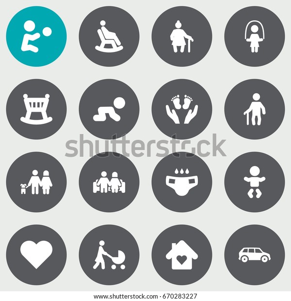 Set Of 16 Family Icons\
Set.Collection Of Look After, Walking, Rocking Chair And Other\
Elements.