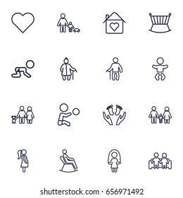 Set Of 16 Family Outline Icons Set.Collection Of Couple, Baby, Grangmother And Other Elements.