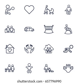 Set Of 16 Family Outline Icons Set.Collection Of Lovers, Grandfather, Car Elements.