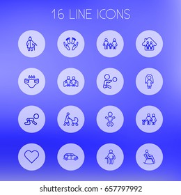 Set Of 16 Family Outline Icons Set.Collection Of Crawling Kid, Boy, Care And Other Elements.