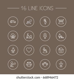 Set Of 16 Family Outline Icons Set.Collection Of Stroller, Crawling Kid, Care And Other Elements.