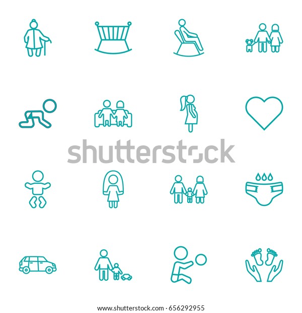 Set Of 16 Family Outline Icons\
Set.Collection Of Car, Crib, Couple And Other\
Elements.