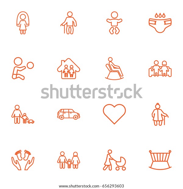 Set Of 16 Family Outline Icons\
Set.Collection Of Family, Car, Playing And Other\
Elements.