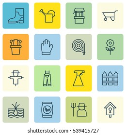 Set Of 16 Farm Icons. Includes Bugbear, Wheelbarrow, Fire Tube And Other Symbols. Beautiful Design Elements.