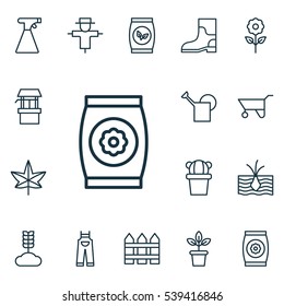 Set Of 16 Farm Icons. Includes Sprinkler, Bailer, Wheelbarrow And Other Symbols. Beautiful Design Elements.
