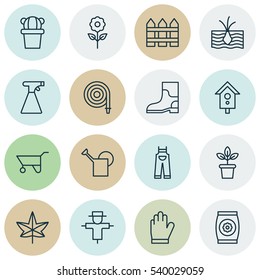 Set Of 16 Farm Icons. Includes Wheelbarrow, Desert Plant, Sprinkler And Other Symbols. Beautiful Design Elements.
