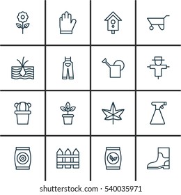 Set Of 16 Farm Icons. Includes Barrier, Garden Clothes, Grains And Other Symbols. Beautiful Design Elements.