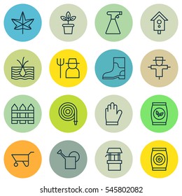 Set Of 16 Farm Icons. Includes Flowerpot, Fertilizer, Bugbear And Other Symbols. Beautiful Design Elements.