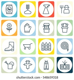 Set Of 16 Farm Icons. Includes Bugbear, Bailer, Desert Plant And Other Symbols. Beautiful Design Elements.