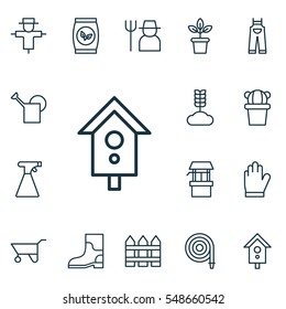 Set Of 16 Farm Icons. Includes Birdhouse, Fire Tube, Wheelbarrow And Other Symbols. Beautiful Design Elements.