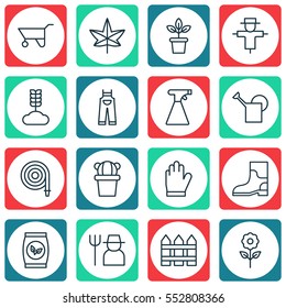 Set Of 16 Farm Icons. Includes Garden Clothes, Grains, Barrier And Other Symbols. Beautiful Design Elements.