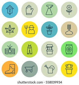 Set Of 16 Farm Icons. Includes Protection Mitt, Sprinkler, Rubber Boot And Other Symbols. Beautiful Design Elements.