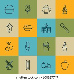 Set Of 16 Farm Icons. Includes Taste Apple, Growing Plant, Shovel And Other Symbols. Beautiful Design Elements.