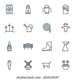 Set Of 16 Farm Icons. Includes Root, Bugbear, Dwarf And Other Symbols. Beautiful Design Elements.