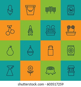 Set Of 16 Farm Icons. Includes Fertilizer, Water Monument, Dwarf And Other Symbols. Beautiful Design Elements.