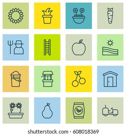 Set Of 16 Farm Icons. Includes Bush Pot, Grains, Meadow And Other Symbols. Beautiful Design Elements.