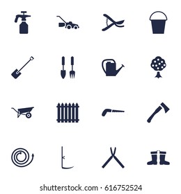 Set Of 16 Farm Icons Set.Collection Of Fence, Rubber Boots, Spray Bootle And Other Elements.