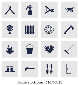 Set Of 16 Farm Icons Set.Collection Of Tools, Axe, Rake And Other Elements.