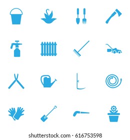 Set Of 16 Farm Icons Set.Collection Of Fence, Plant, Watering Can And Other Elements.