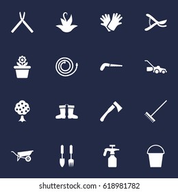 Set Of 16 Farm Icons Set.Collection Of Bucket, Latex, Pruner And Other Elements.
