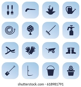Set Of 16 Farm Icons Set.Collection Of Latex, Garden Hose, Spray Bootle And Other Elements.
