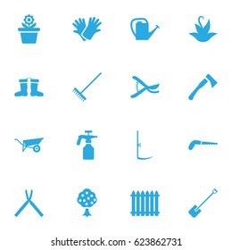 Set Of 16 Farm Icons Set.Collection Of Wheelbarrow, Plant, Shovel And Other Elements.