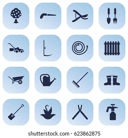 Set Of 16 Farm Icons Set.Collection Of Shovel, Spray Bootle, Lawn Mower And Other Elements.