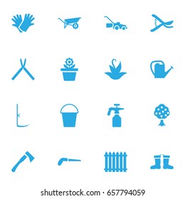 Set Of 16 Farm Icons Set.Collection Of Cutter, Rubber Boots, Wheelbarrow And Other Elements.