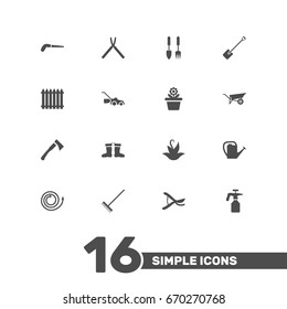 Set Of 16 Farm Icons Set.Collection Of Pruner, Shovel, Lawn Mower And Other Elements.