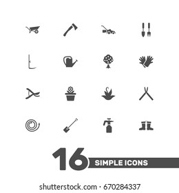 Set Of 16 Farm Icons Set.Collection Of Spray Bootle, Tools, Watering Can And Other Elements.