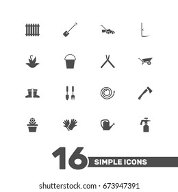 Set Of 16 Farm Icons Set.Collection Of Scissors, Fence, Rubber Boots And Other Elements.
