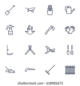 Set Of 16 Farm Outline Icons Set.Collection Of Arm-Cutter, Safer Of Hand , Spade Elements.