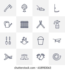 Set Of 16 Farm Outline Icons Set.Collection Of Waterproof Shoes, Hatchet, Instruments And Other Elements.