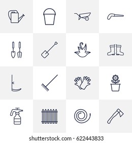 Set Of 16 Farm Outline Icons Set.Collection Of Bailer, Scythe, Harrow And Other Elements.
