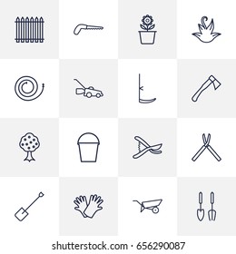 Set Of 16 Farm Outline Icons Set.Collection Of Arm-Cutter, Secateurs, Plant Pot And Other Elements.