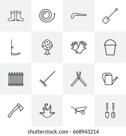 Set Of 16 Farm Outline Icons Set.Collection Of Shears, Barrow, Hand Elements.