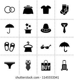 Set of 16 fashion filled icons such as tie, hanger, luggage, magic hat, woman underwear, engagement ring, socks, hat, shopping bag, purse, swimwear, sunglasses, umbrella
